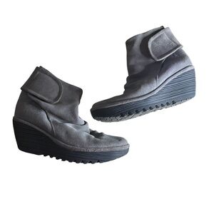Fly London Grey Suede Wedge Boots - Comfortable Slip-On Style 37